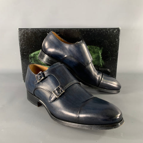 MAGNANNI Size 8 Navy Black Leather Double Monk Strap Loafers