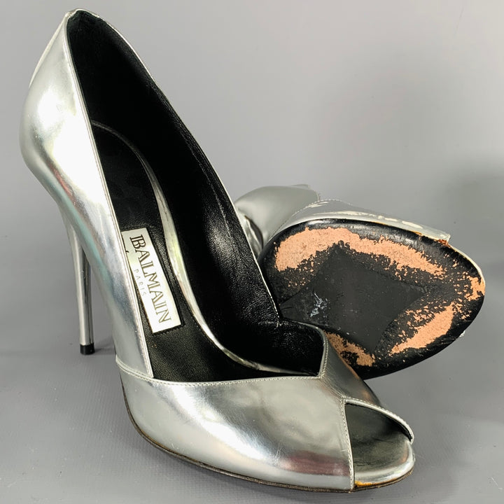 BALMAIN Size 6 Silver Patent Leather Peep Toe Heels Pumps