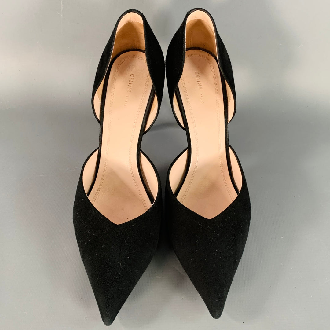 CELINE Size 8.5 Black Suede Pointed Toe D'Orsay Stiletto Pumps