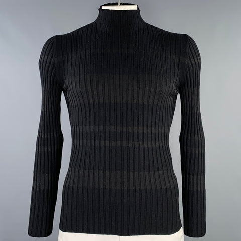 HERMES Size XXL Black Stripe Merino Wool Silk Ribbed Pullover