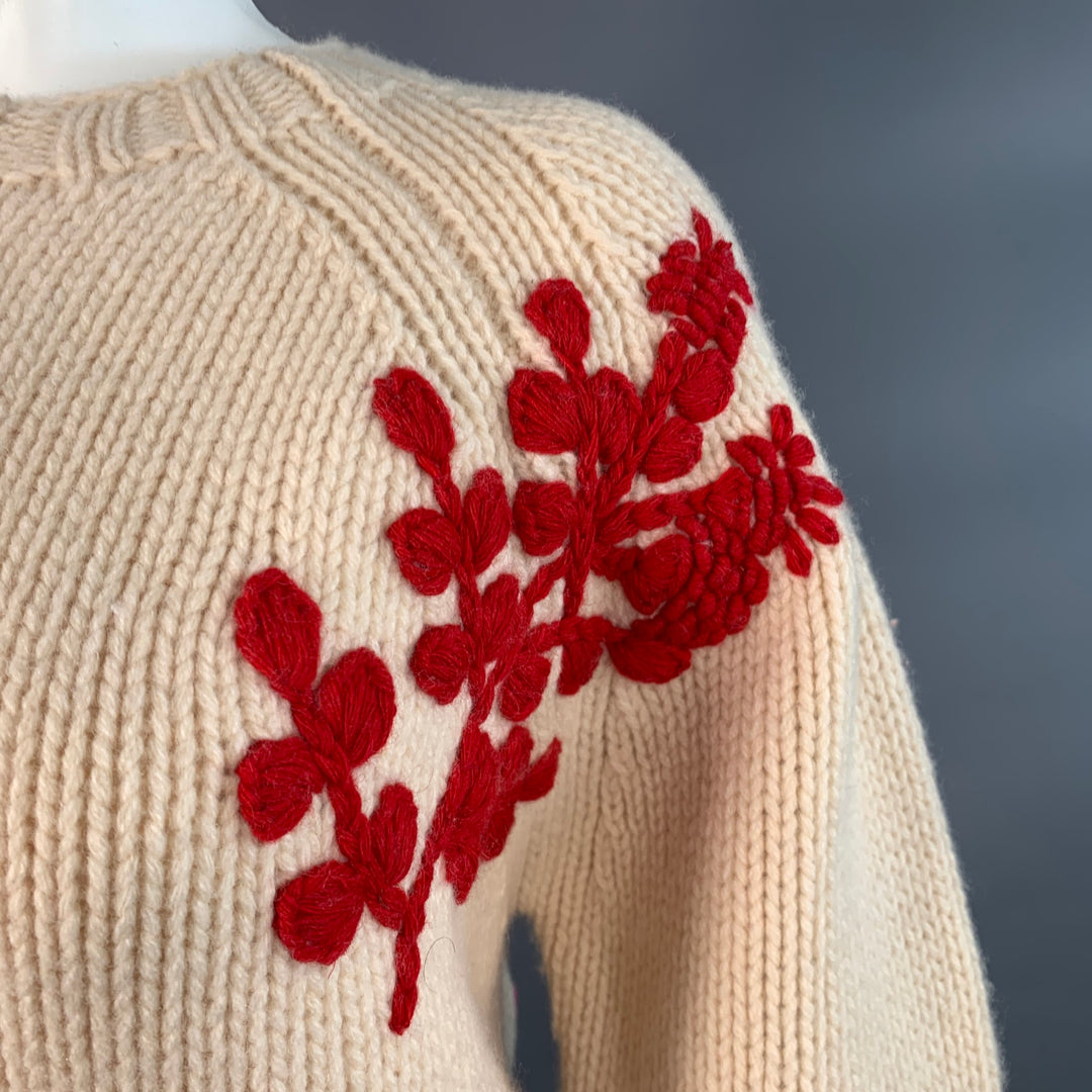 FRANCES VALENTINE Size M Beige Red Pink Lambswool Knit Floral Cardigan