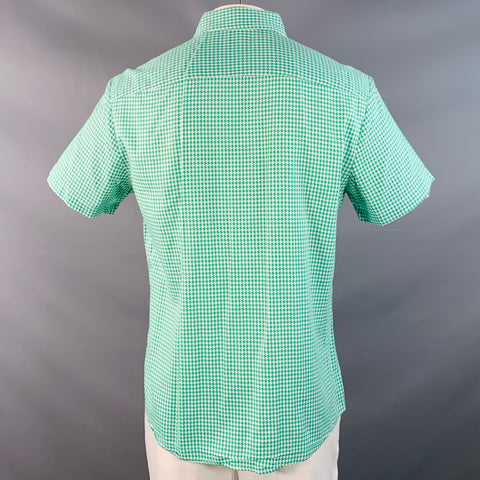 MR TURK Size L Green White Houndstooth Cotton One Pocket Short Sleeve Shirt