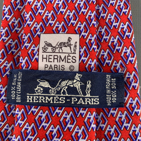 HERMES H Cube Red Blue Monogram Silk Tie