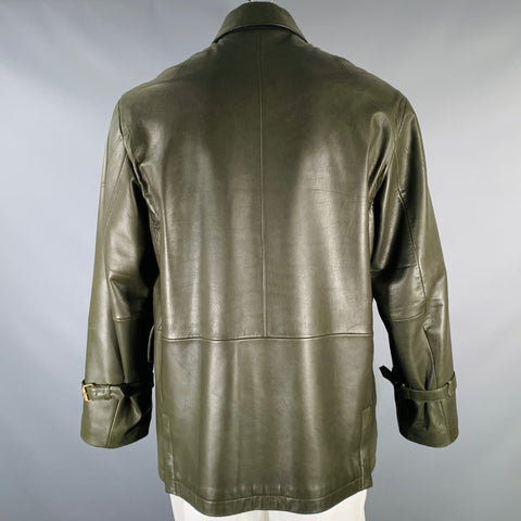 GIORGIO ARMANI Size 46 Green Leather Zip Snaps Jacket