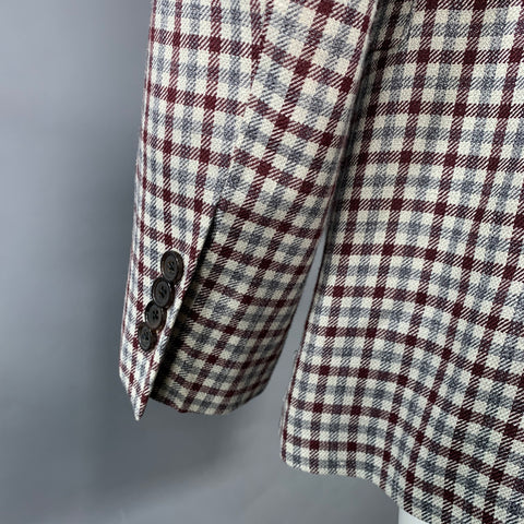 BLACK FLEECE Size 40 Grey Burgundy Plaid Wool Silk Linen Sport Coat