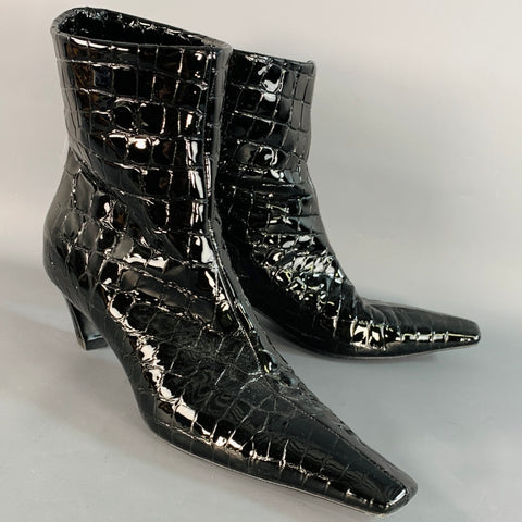 KHAITE Size 9.5 Black Alligator Patent Leather Kitten Heel Ankle Boots