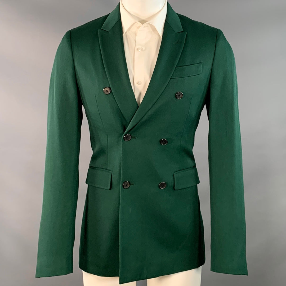 CALVIN KLEIN 205W39NYC Size 36 Green Wool Twill Double Breasted Peak Lapel Sport Coat