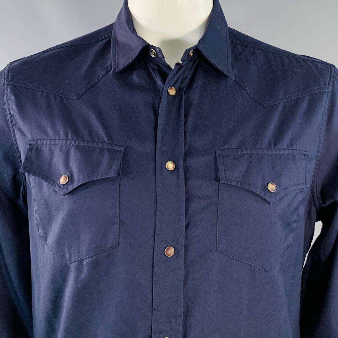 BRUNELLO CUCINELLI Size L Navy Cotton Twill Western Leisure Fit Long Sleeve Shirt