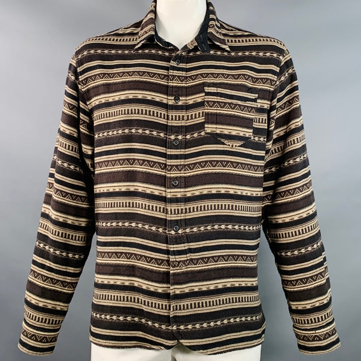 RRL by RALPH LAUREN Size XL Brown Black Jacquard Cotton Wool One Pocket Western Long Sleeve Shirt