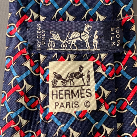 HERMES Navy Red Blue Woven Musical Horns Silk Tie