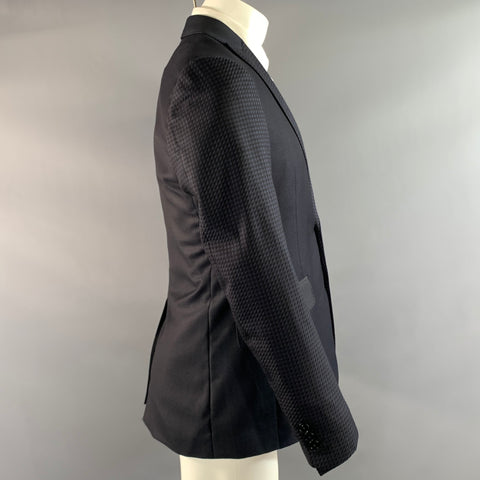 ETRO Chest Size 42 Black Navy Jacquard Wool Silk Peak Lapel Sport Coat