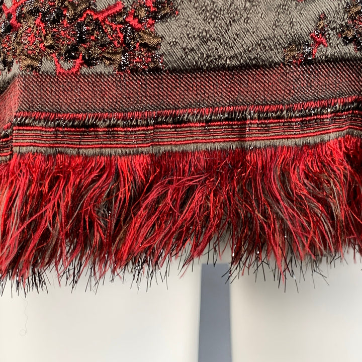 DRIES VAN NOTEN Size M Brown Red Jacquard Brocade Fringed Dress Top