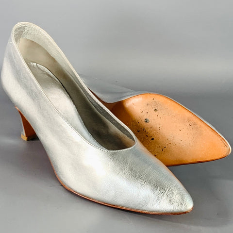 MARTINIANO Size 7.5 Metallic Silver Kidskin Leather Pointed Toe Pumps