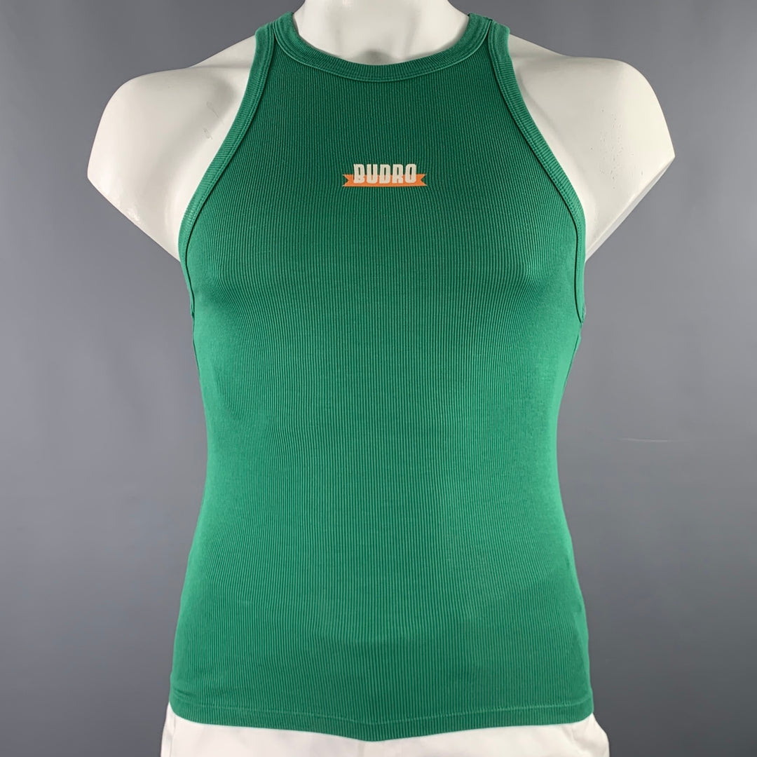 BUDRO Size L Green Cream Logo Cotton Blend Tank Top
