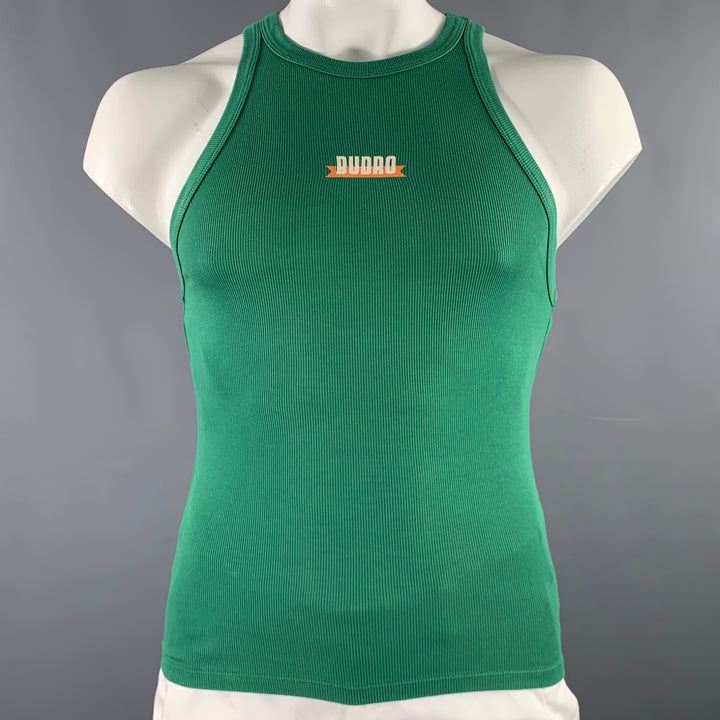 BUDRO Size L Green Cream Logo Cotton Blend Tank Top