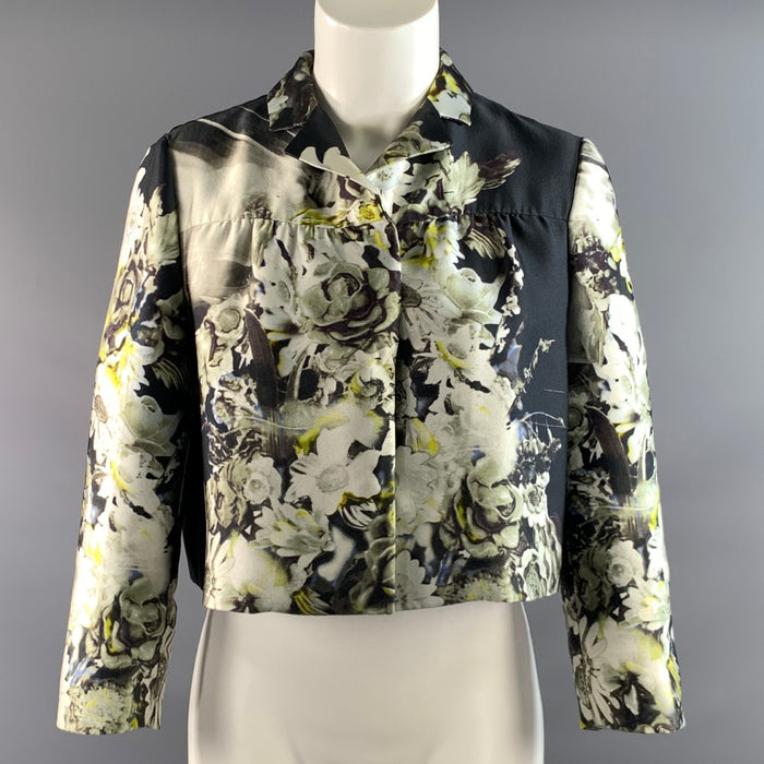 PRADA Size 4 Black Lime Silk Blend Floral Cropped Jacket Indoor  Blazer