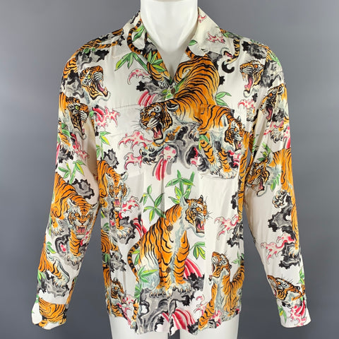 THE GUILTY PARTIES Size M White Multi-Color Tiger Print Rayon Long Sleeve Shirt