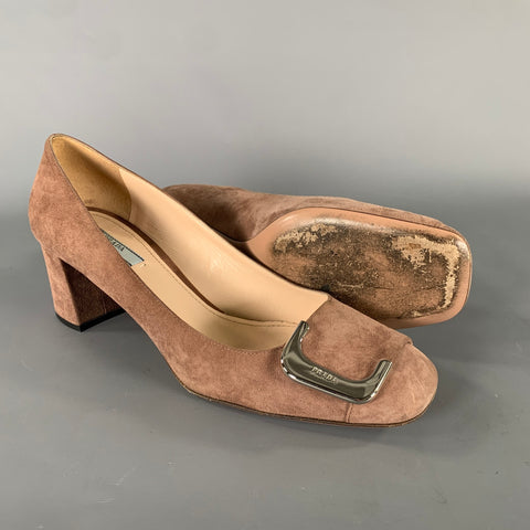 PRADA Size 8.5 Khaki Silver buckle Suede Pumps