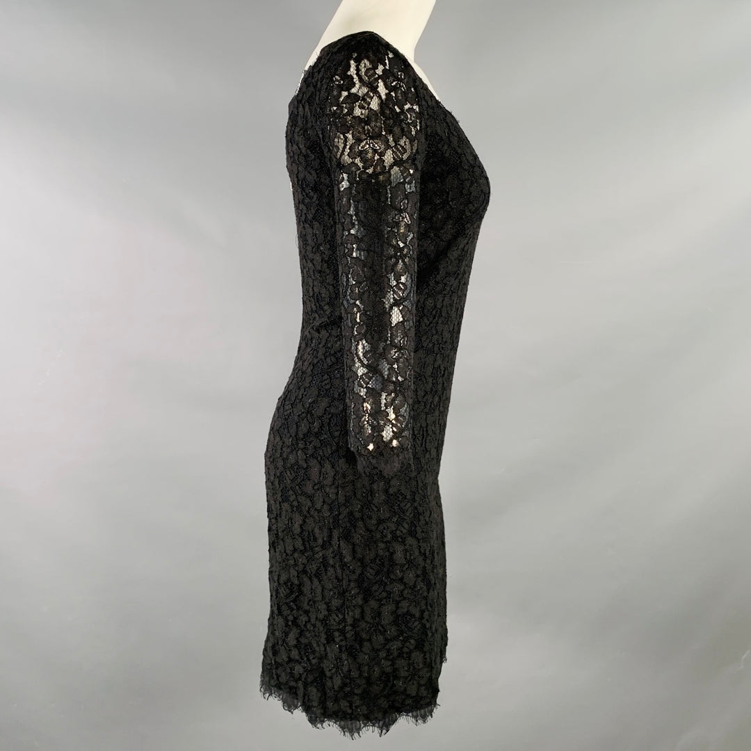 DIANE VON FURSTENBERG Size 4 Zarita Black Rayon Blend Lace Scoop Neck 3/4 Sleeves Dress