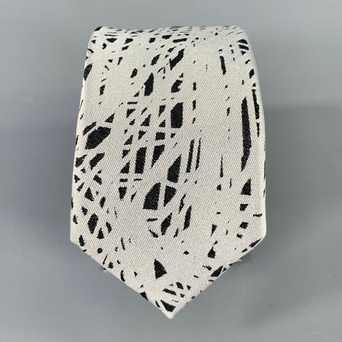 BALENCIAGA Silver Black Abstract Lines Silk Tie