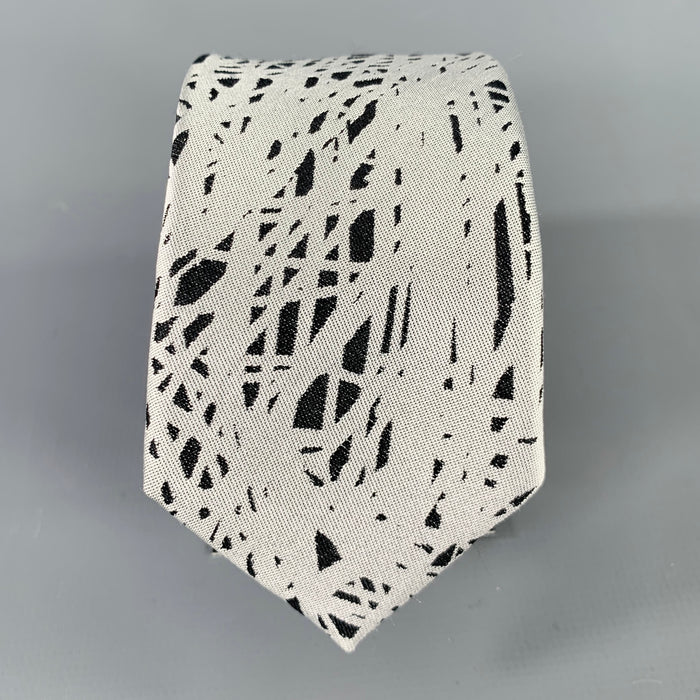 BALENCIAGA Silver Black Abstract Lines Silk Tie