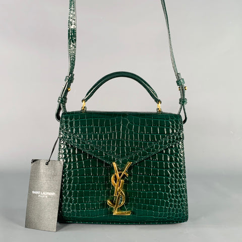 SAINT LAURENT Cassandra Green Gold Croc Embossed Leather Cross Body Mini Handbag