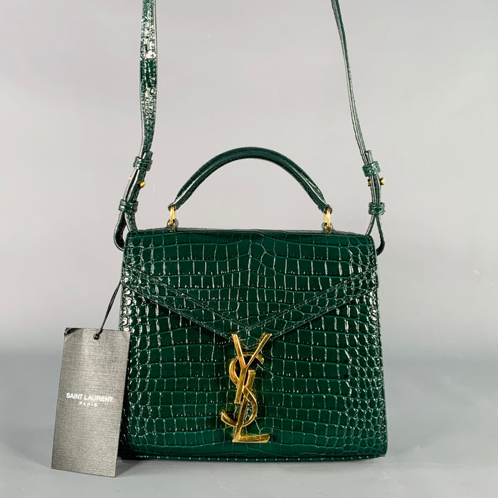 SAINT LAURENT Cassandra Green Gold Croc Embossed Leather Cross Body Mini Handbag