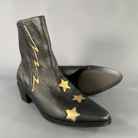 MODERN VICE Size 10.5 Black Gold Leather Stars Side Zipper Boots