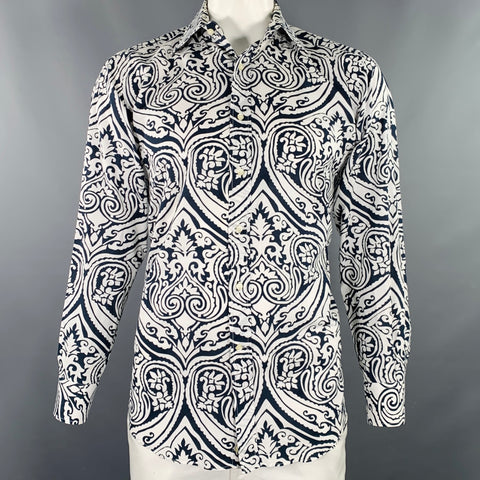 ETRO Size XXL White Navy Tapestry Cotton Long Sleeve Shirt