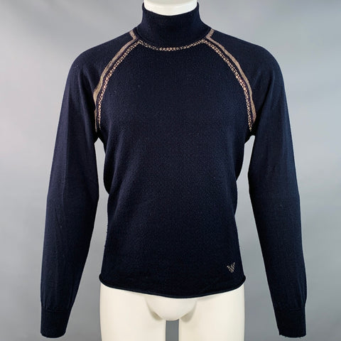 EMPORIO ARMANI Size M Navy Tan Contrast Trim Wool Turtleneck Pullover