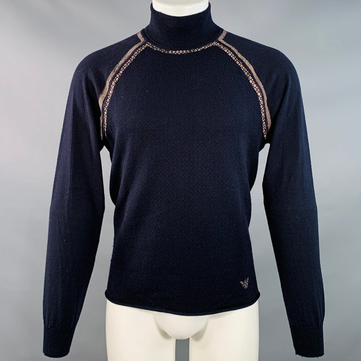 EMPORIO ARMANI Size M Navy Tan Contrast Trim Wool Turtleneck Pullover