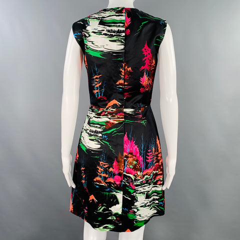 BALENCIAGA Size 4 Black Multi Color Cotton Floral Sleeveless Cocktail Dress