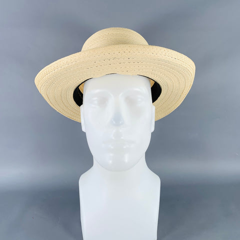 Chapeau de paille tressé VINTAGE taille L beige, marine et garniture à ruban rouge