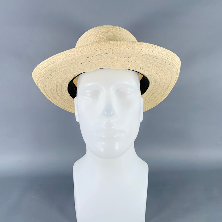 VINTAGE Size L Beige Navy Red Ribbon Trim Woven Straw Hat