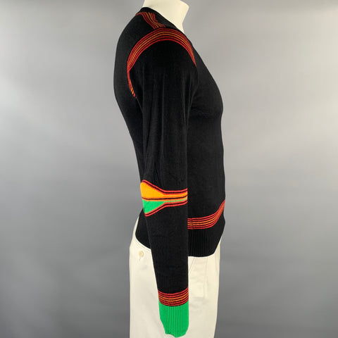 PAUL SMITH Size L Black Multi-Color Stripe Bamboo Cashmere Ribbed Pullover