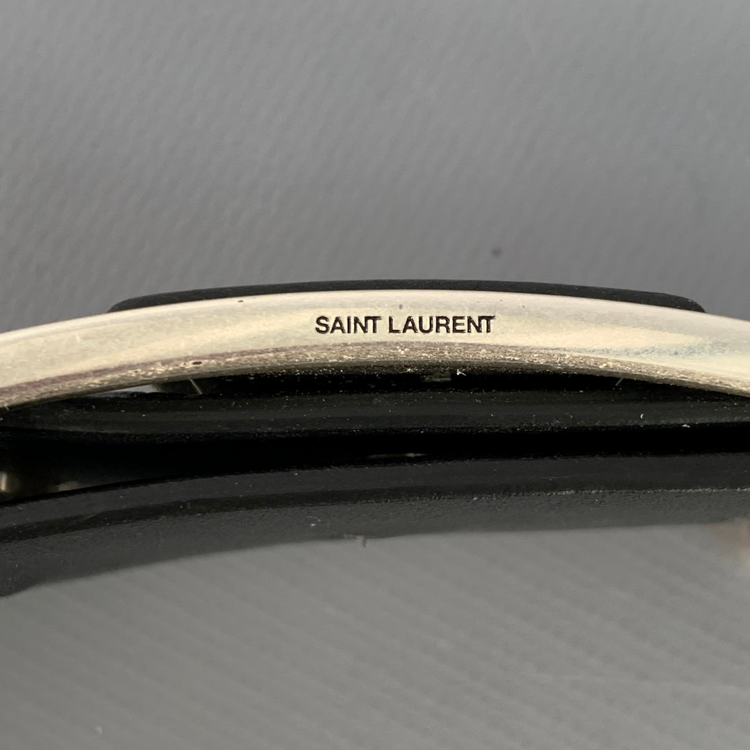 SAINT LAURENT Size 36 Black Silver Leather Box Frame Buckle Belt