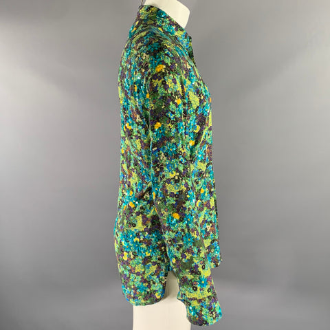DRIES VAN NOTEN Size XS Green Blue Floral Viscose Sequined Long Sleeve Shirt