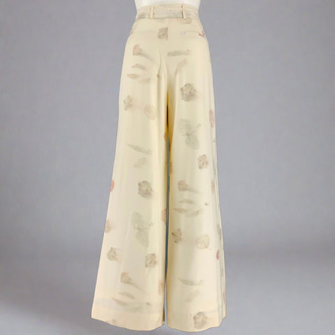 ALEJANDRA ALONSO ROJAS Talla M Pantalón Casual Crema Lana Natural Estampado Hojas Cremallera