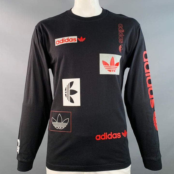 ADIDAS Size L Black Red Logo Cotton Crew Neck Pullover