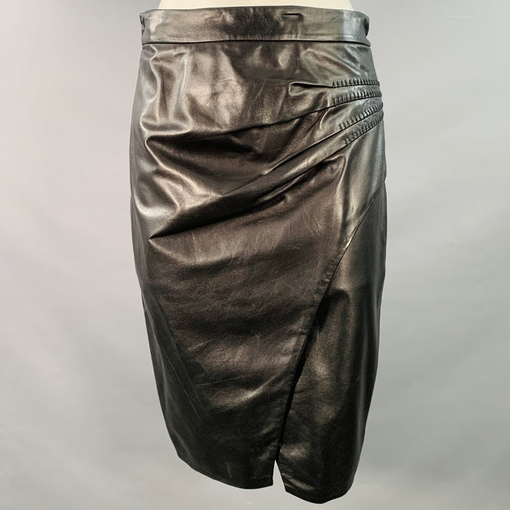 L'AGENCE Size 8 Black Pleated Lambskin Leather Pencil Below Knee Skirt