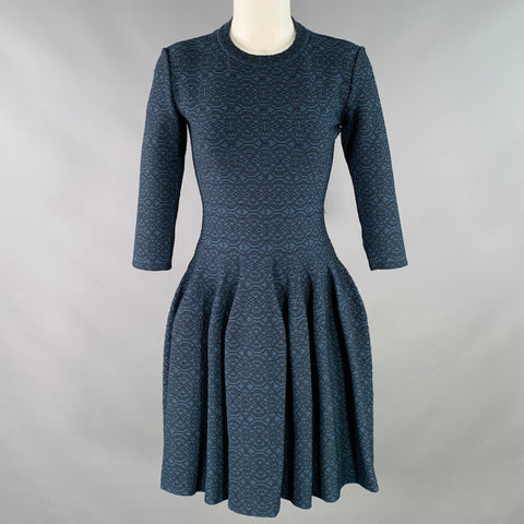 ALAIA Size 6 Navy Black Textured Geometric Viscose Blend Bell Skirt 3/4 Sleeve Dress