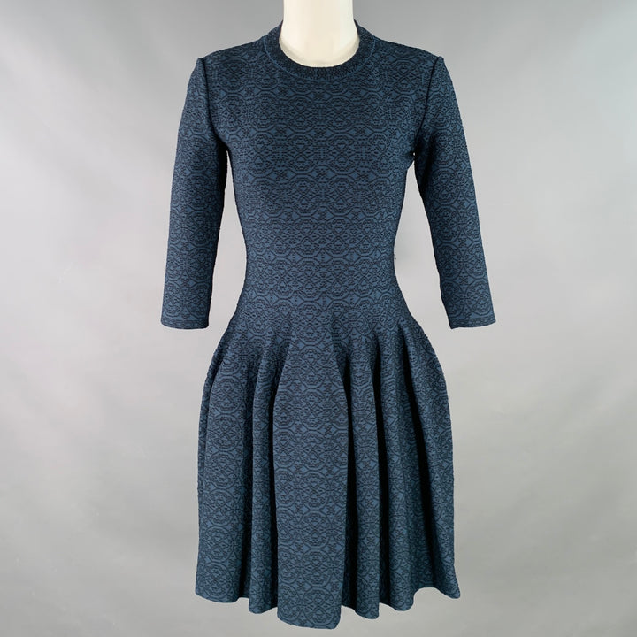 ALAIA Size 6 Navy Black Textured Geometric Viscose Blend Bell Skirt 3/4 Sleeve Dress