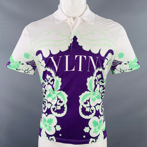 VALENTINO Size M White Purple Green Abstract Floral Print Cotton Buttoned Polo