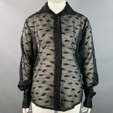 TOKYO JAMES Size L Sheer Black Linen Paisley Beaded Embroidered Shirt