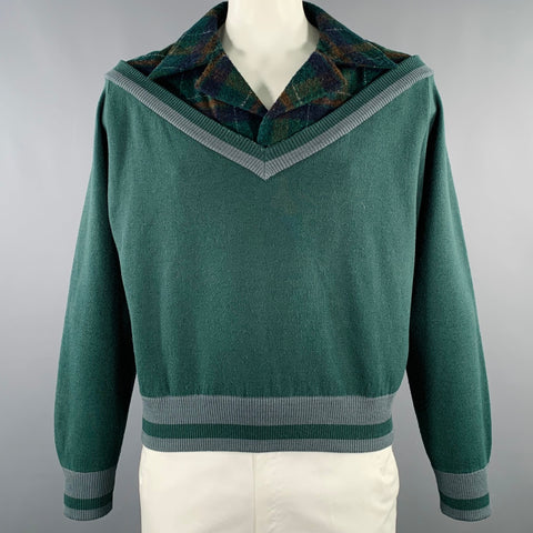 NECESSITY SENSE Size L Green Grey Plaid Acrylic Blend Double Layer Sweater