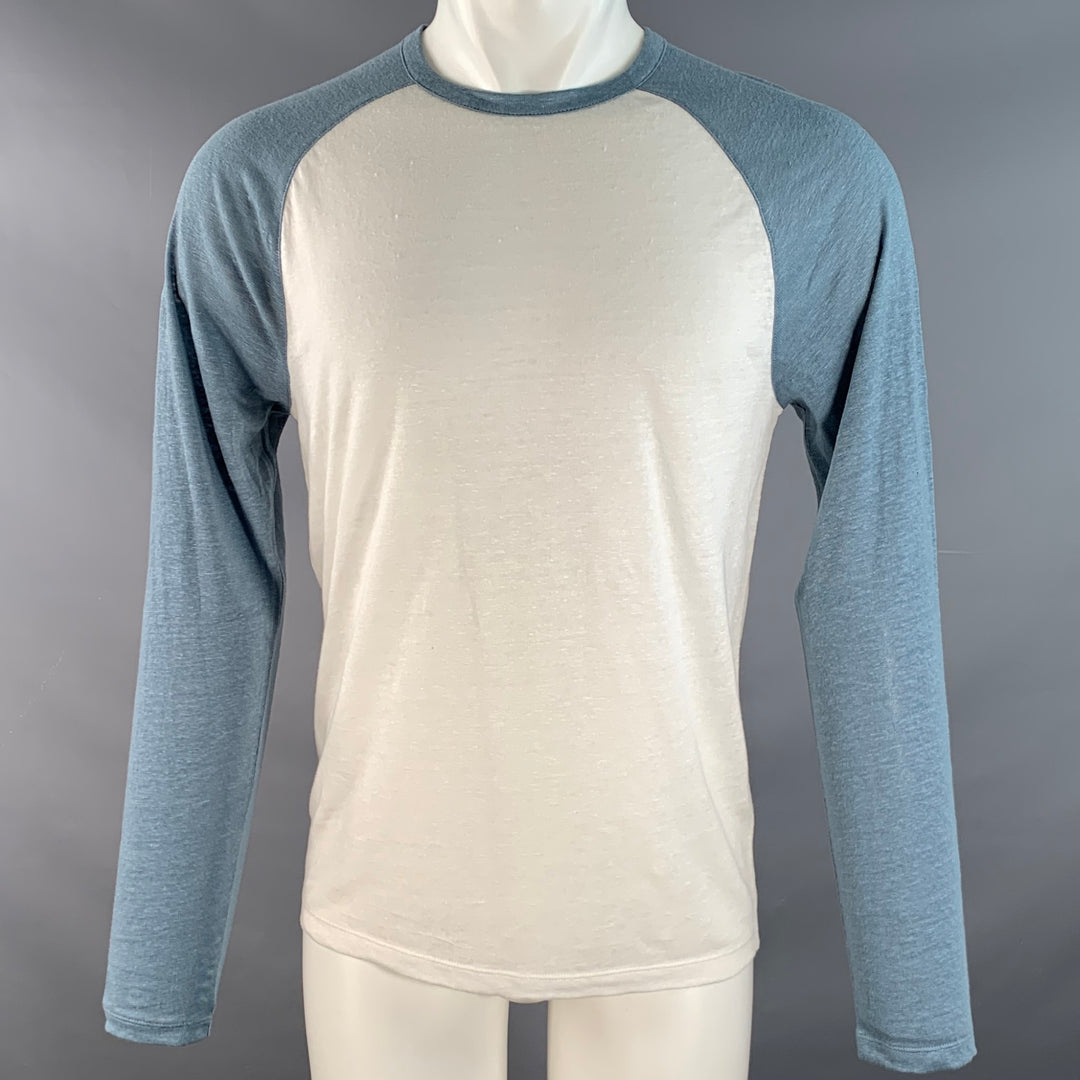VINCE Size S White Blue Linen Crew Neck Baseball Tee Pullover
