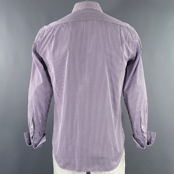 CANALI Size L White Purple Stripe Cotton French Cuff Long Sleeve Shirt