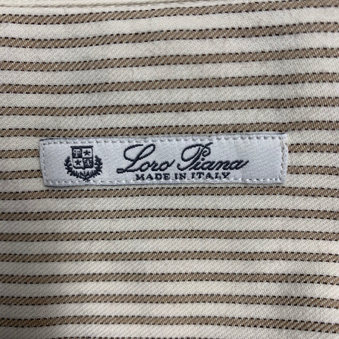 LORO PIANA Size L Tan White Stripe Cotton Button Down Long Sleeve Shirt
