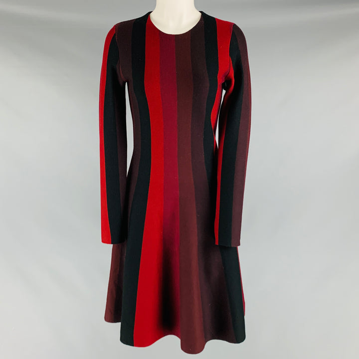 AKRIS Size 6 Burgundy Black Wool Stripe Long Sleeve Dress