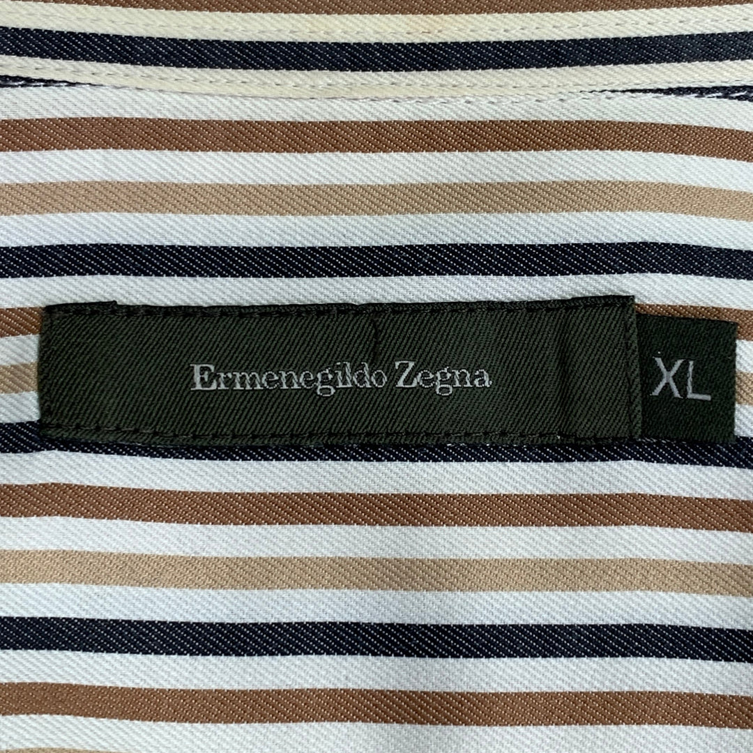 ERMENEGILDO ZEGNA Size XL White Brown Black Stripe Cotton Long Sleeve Shirt